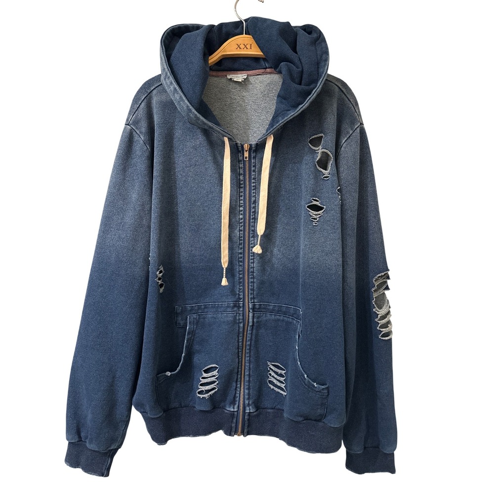 POL Distressed Washed Blue Oversized Zip Hoodie Women's Large 100% Cotton
